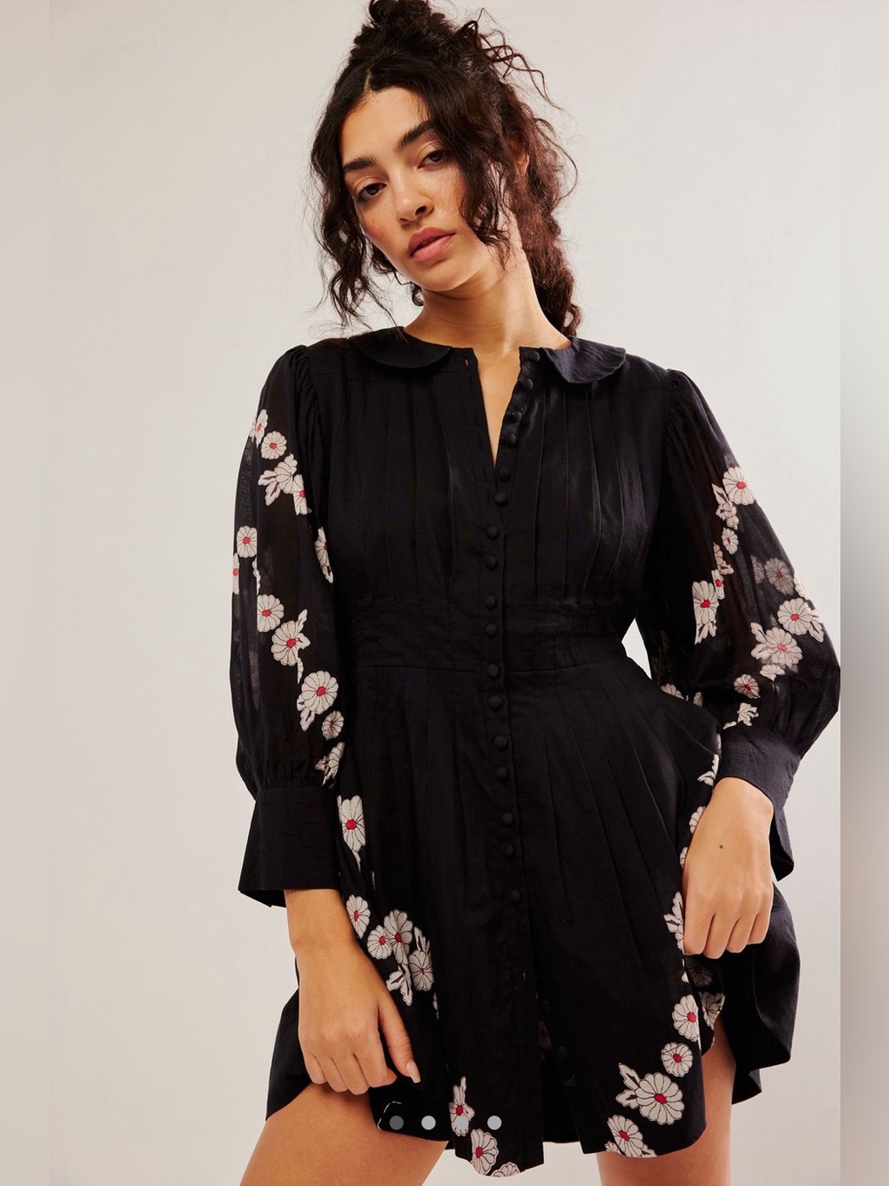 Free People Black Floral Button-Front Dress with Puff Sleeves